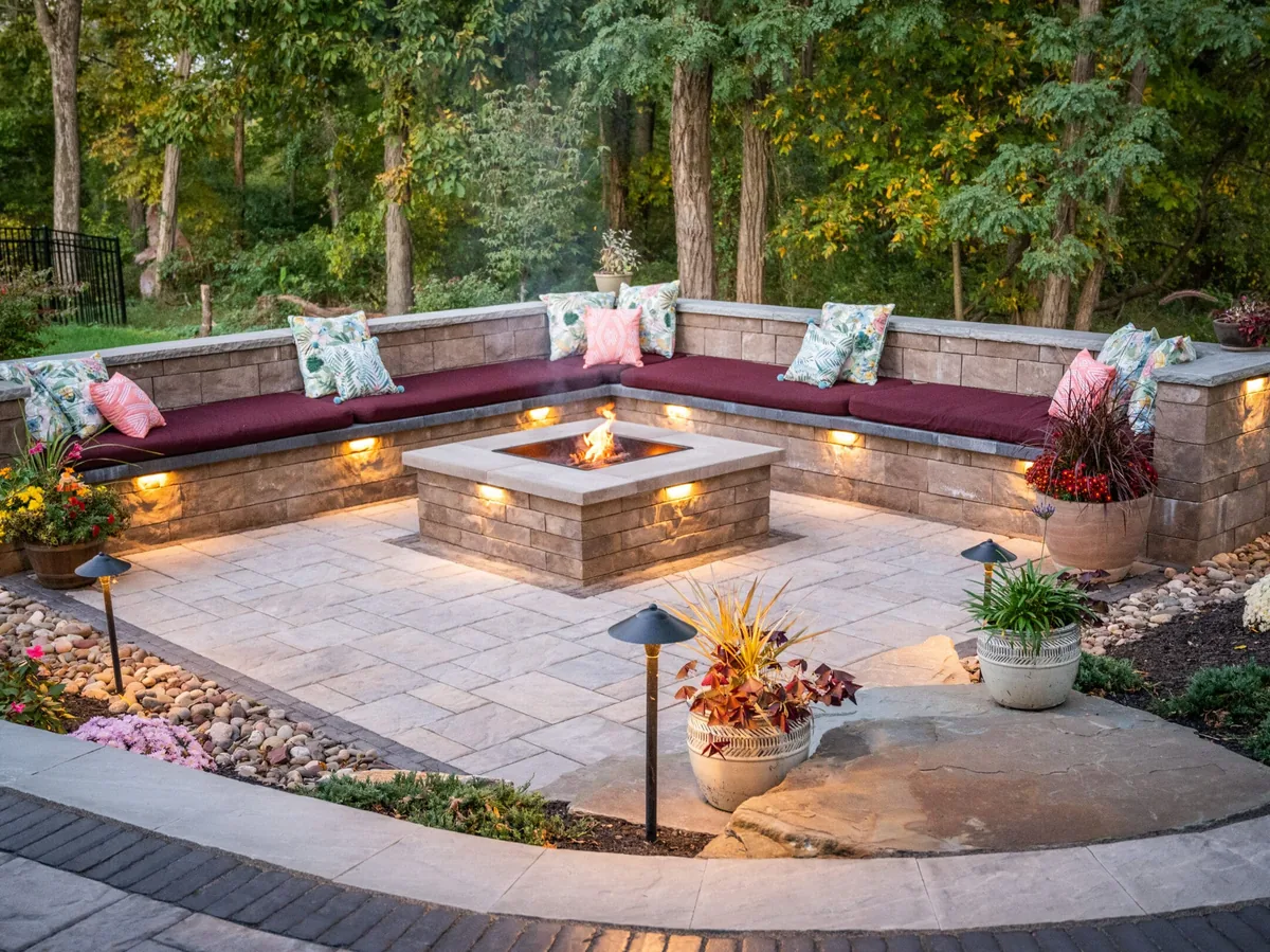 A square block fire pit inside a U shaped block seat wall on a sunken paver patio at dusk, outdoor fireplaces and fire pits